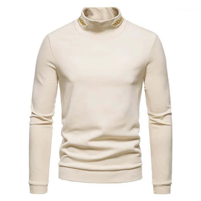 Homens Camisetas Parklees Homens Bordados De Ouro Turtleneck Quente T-shirt Casual Manga Longa Básico Camisas Básicas Para Homens Tops Whit