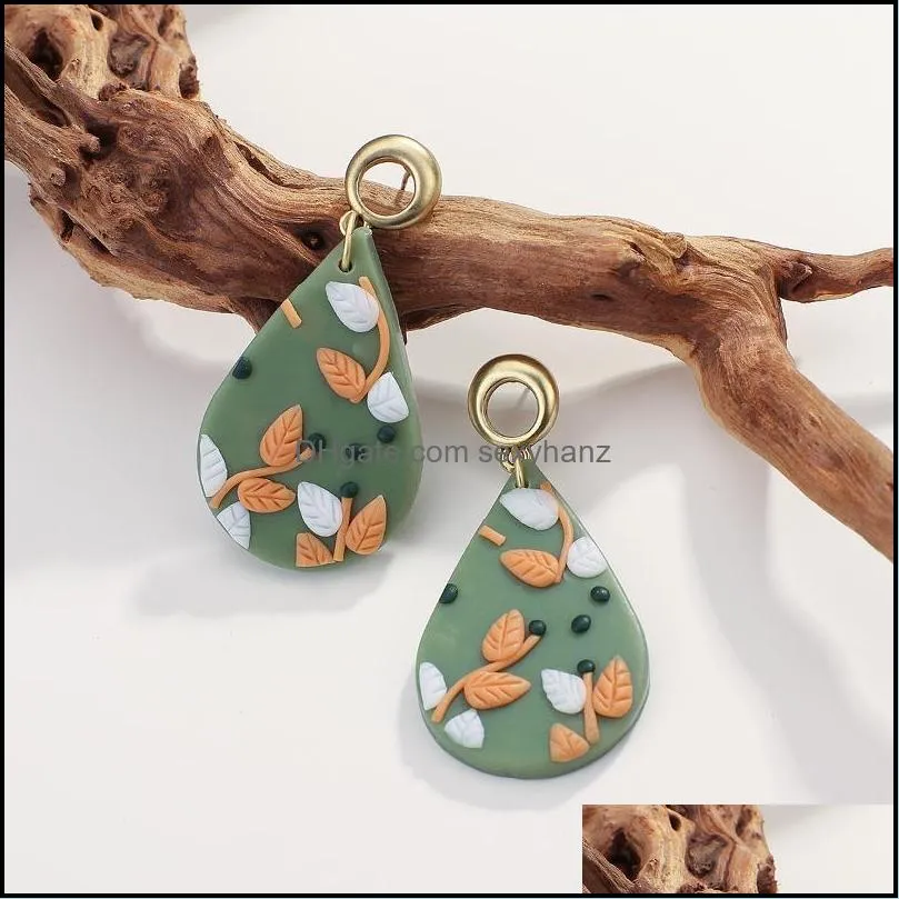 Dangle & Chandelier AMORCOME Unique Design Soft Polymer Clay Floral Earrings For Women Geometric Green Waterdrop Female Brincos Gift