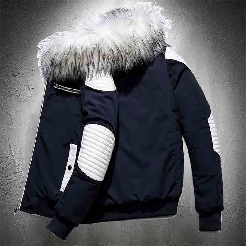 Mężczyźni Zima Parka Kurtka Biała Futro Kołnierz Outdoor Jacket Patchwork Kurtka motocyklowa Zimowa Moda Odzież Mężczyźni Slim Fit Coat 210818