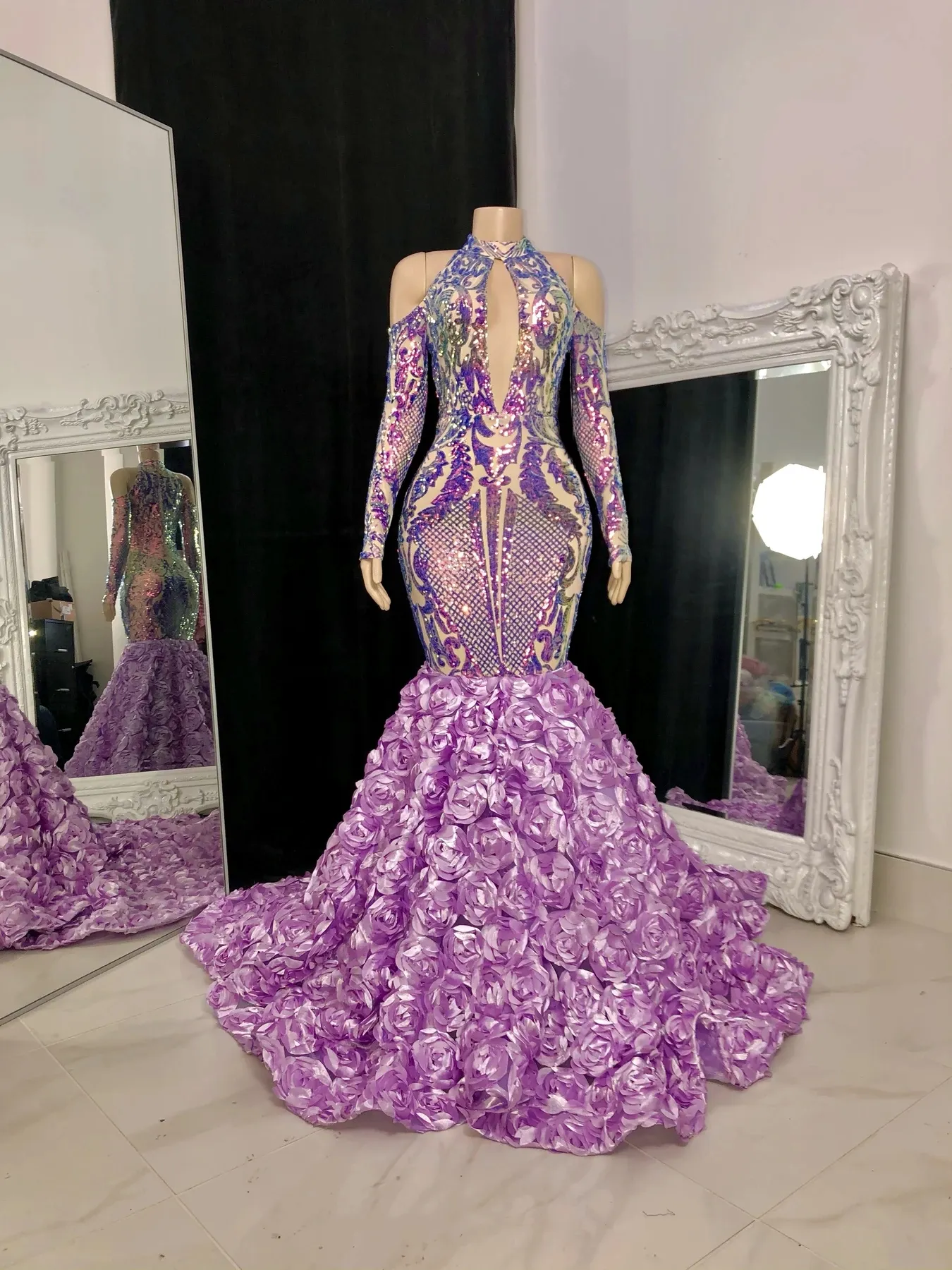 ASO EBI 스타일 2021 플러스 사이즈 아랍어 머메이드 댄스 파티 드레스 긴 소매 보라색 장식 조각 높은 넥 플라워 트레인 저녁 정식 파티 두 번째 리셉션 가운 드레스