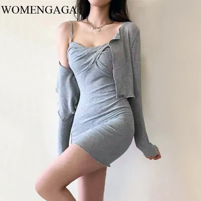 Womengaga Dames Sla-edge Trims Cardigan Tops Tank Twisted Bust Cami Mini Dress Twin Set in Rib Sexy Jurken D3NE 210603