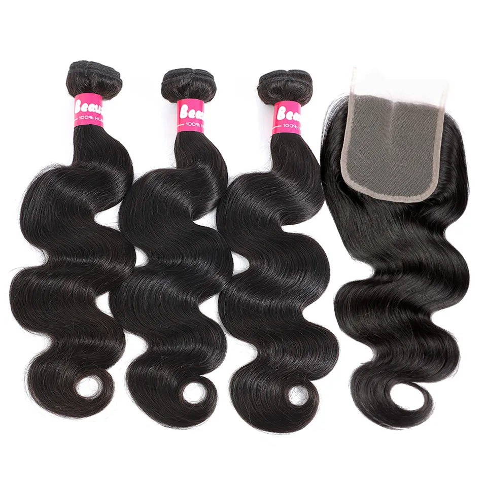 30inch Peruvian Body Wave Virgin Hair With Closure Unprocessed Peruvian Hair Weave Bundles With 4x4 Lace Closure Nature Color