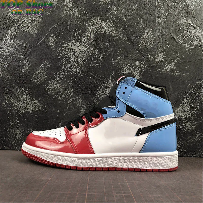 Authentieke jumpman 1 les twin - fearless basketbalschoenen 1s hoge og rood wit zwart blauw octrooi lederen buiten sneakers maat 36 ~ 46 met doos