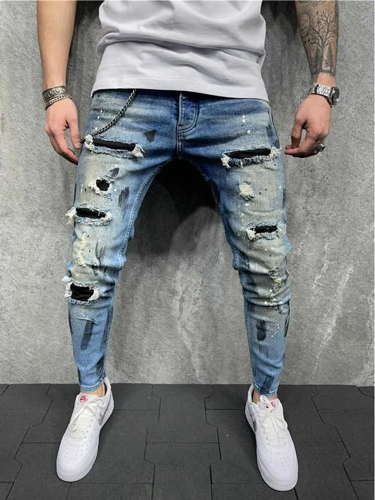 Blue Retro Patch Beggar Ripped Jeans For Men For Men Slim Fit