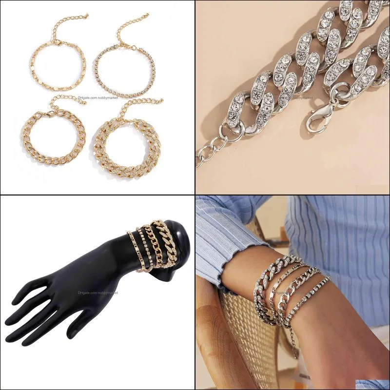 Jewelry punk dark diamond Cuban Bracelet Set women`s sweet cool stacked chain hollow out