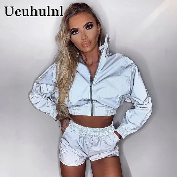 Mujeres Ch ndal Zip Reflectante Luz Chaquetas Cortas Tops Casual