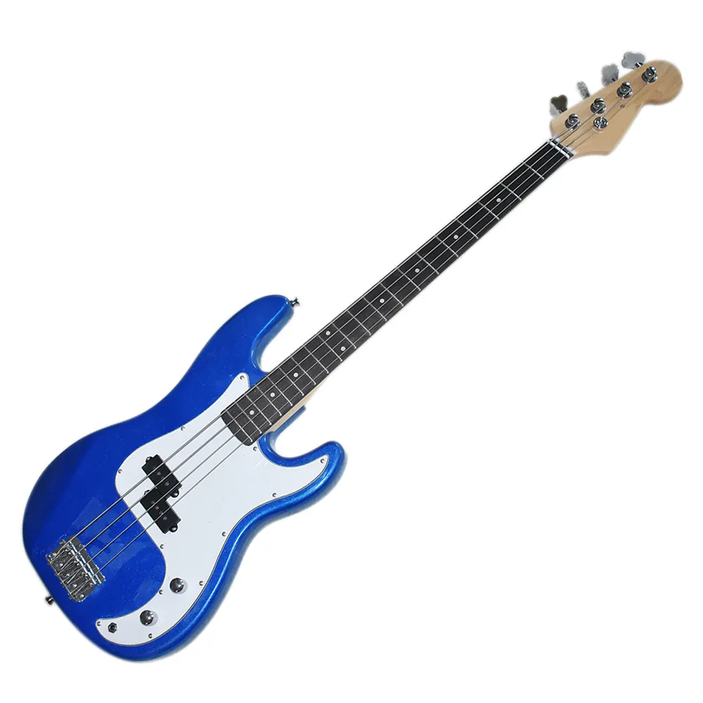 Hög kvalitet-4 strängar Metallisk blå elektrisk basgitarr med rosenträ, vit pickguard