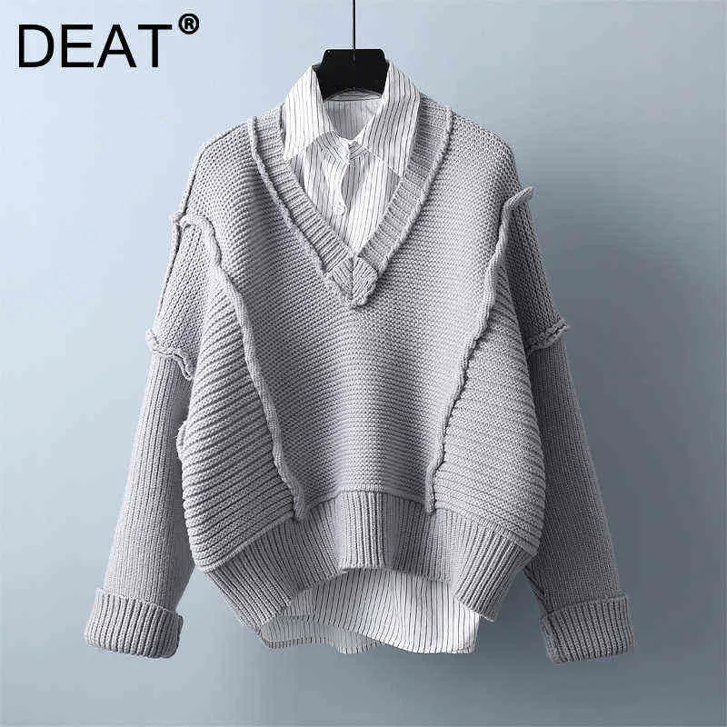 DEAT Woman SWEATER Knitting Patchwork a strisce con manica lunga Collar Stile casual Stile Falso Due 2021 Autunno Fashion 15JK949 Y1110