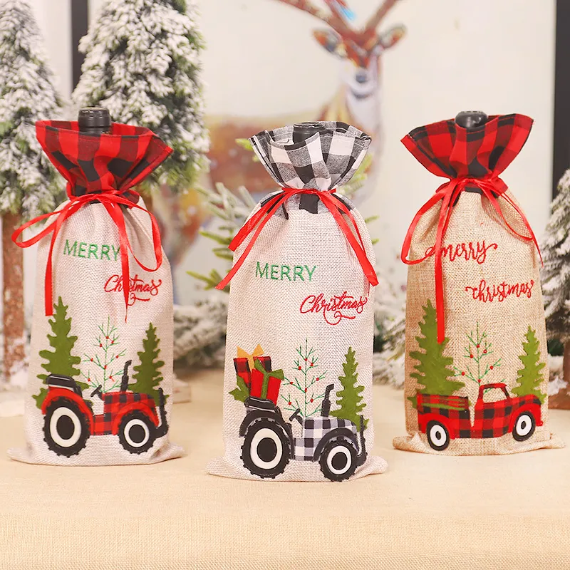 Cubiertas navideñas para botellas de vino, bolsas de champán a cuadros de búfalo de arpillera Vintage, papel de regalo, decoraciones para mesa de comedor XBJK2111