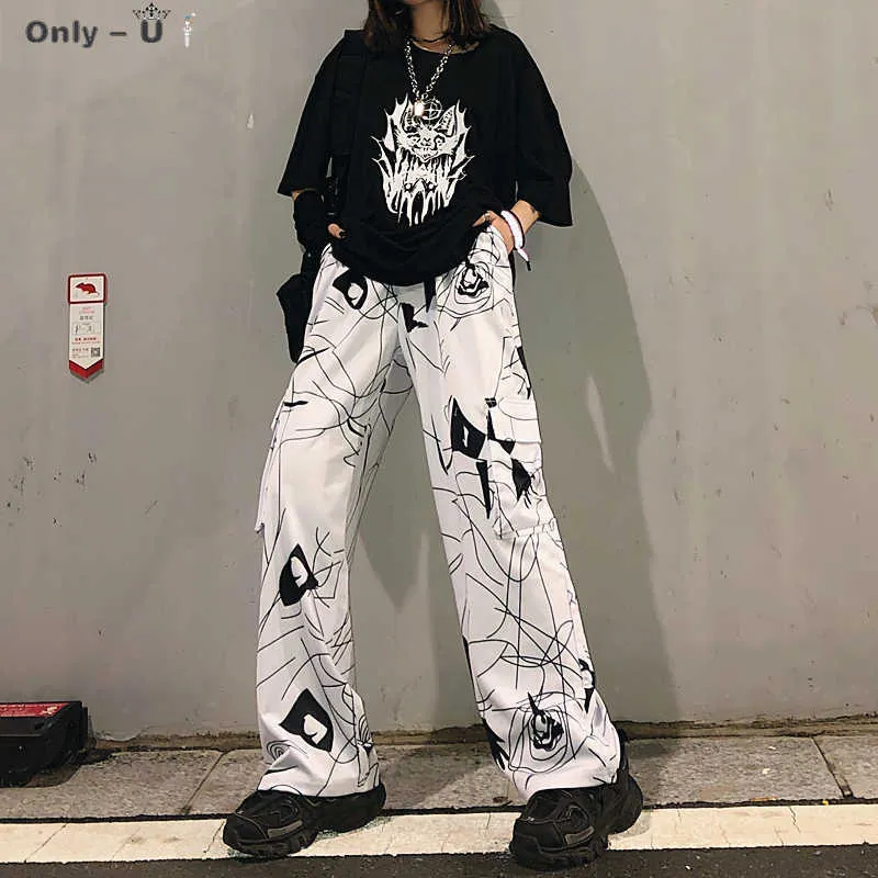 Dark White Losse Cool Girl Harajuku Hoge Taille Hip Hop Dames Broek Zwart Vrouwelijke Lading Broek Gothic Losse Jogger Joggingbroek Q0801