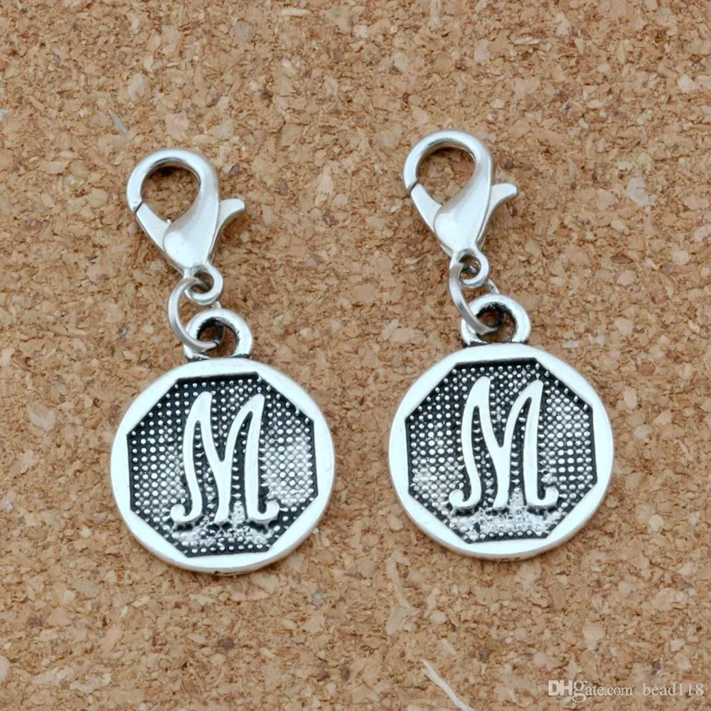 50Pcs Initial Alphabet Disc "M" Floating Lobster Clasps Alloy Charm Pendants For Jewelry Making Bracelet Necklace DIY Accessories 14.8x32.5mm A-397b