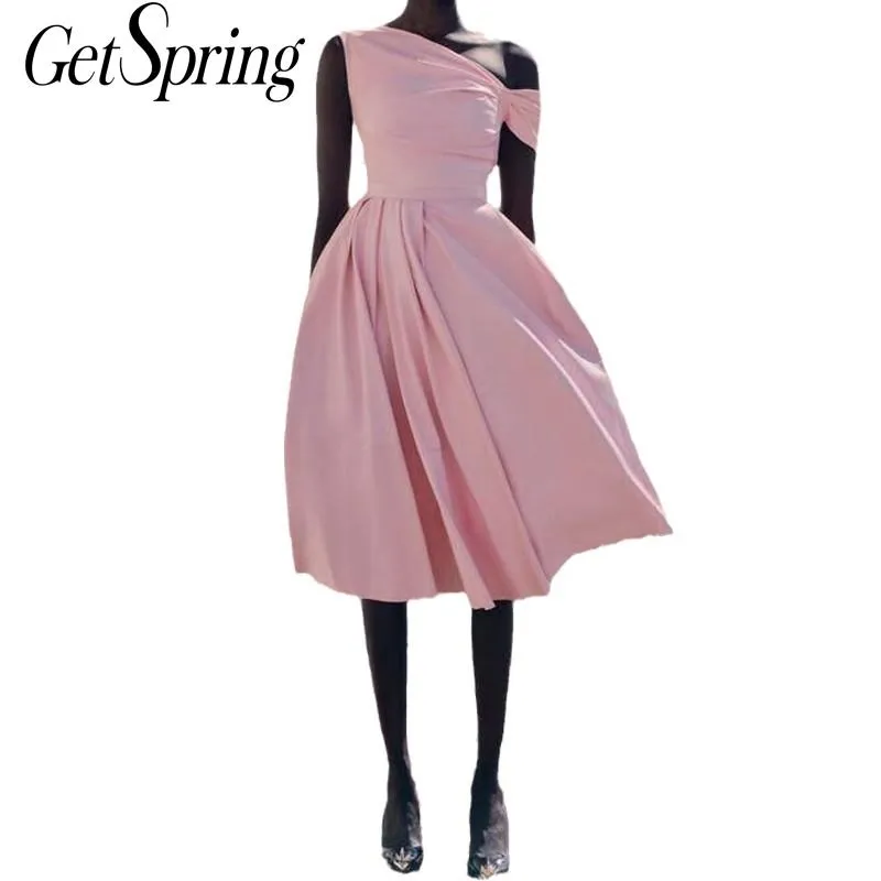 GetSpring Femmes Robe Col Diagonal De L'épaule Rose Irrégulière Été ES Taille Haute Grand Ourlet Long ES 210601