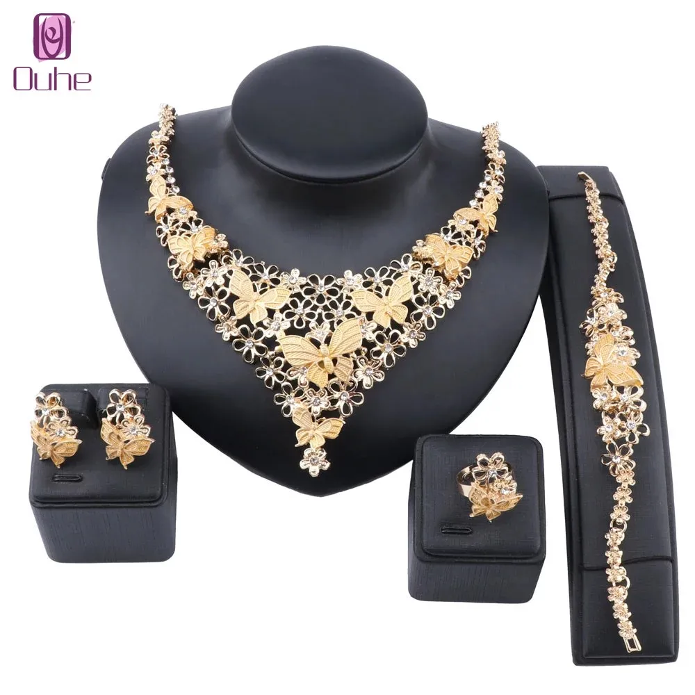 Nigerianska pärlor bröllop smycken set brud dubai guld färg fjäril halsband örhänge ring armband smyckesuppsättning