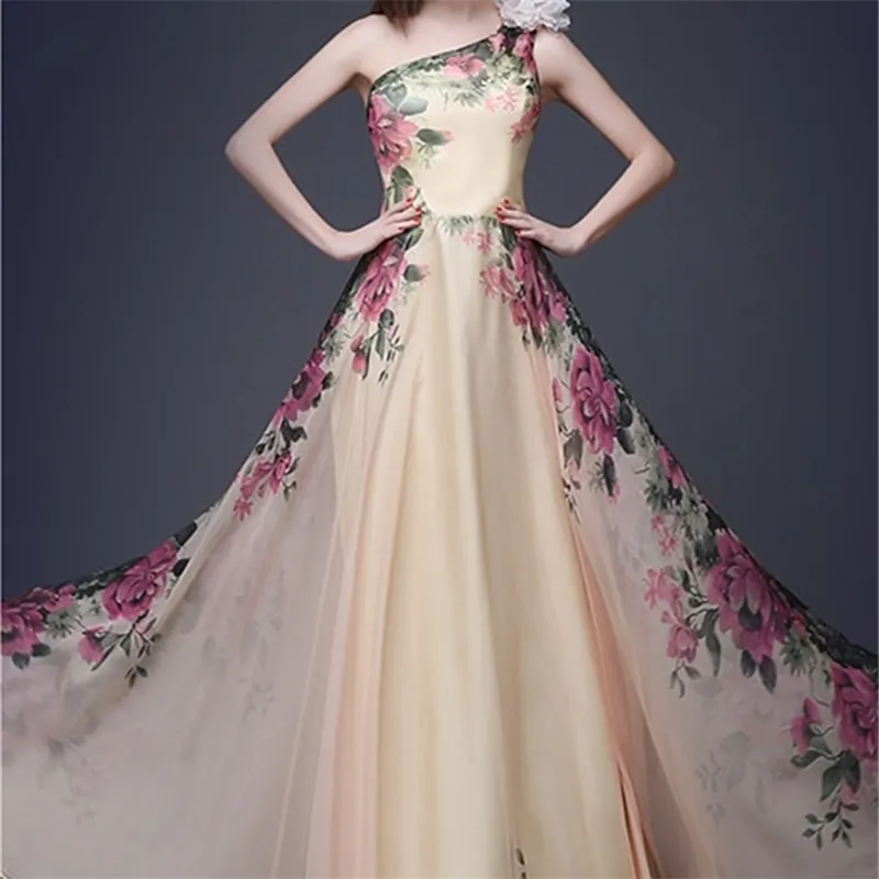 ファッションエレガントなヴィンテージドレス床の長さのワンショルダー花柄プリントシフォンロングプリーツES無料210527