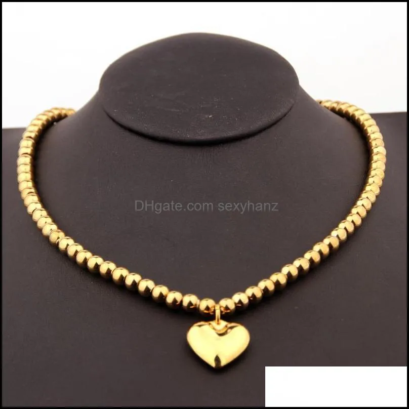 Earrings & Necklace 6mm Golden Stainless Steel Beads Necklaces Bracelets Heart-shaped Accessories Set, Women`s Jewelry