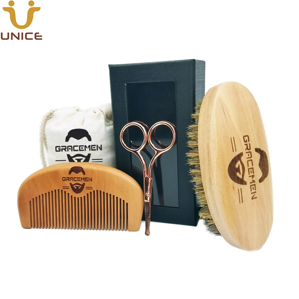 MOQ 100 sätter OEM Custom Logo Beard Care Kit med skägg Borste Peach Wood Comb och trimning saxar i Anpassa Bag Box Amazon Professional Leverantör