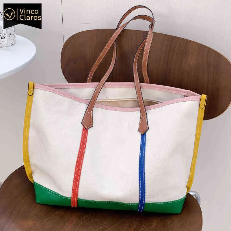 Shopping Bags Fashion Panelled Canvas Casual Tote for Women Large Shoulder Bag Designer Handbags Eco-friendly Sac A Main Bolsas220307