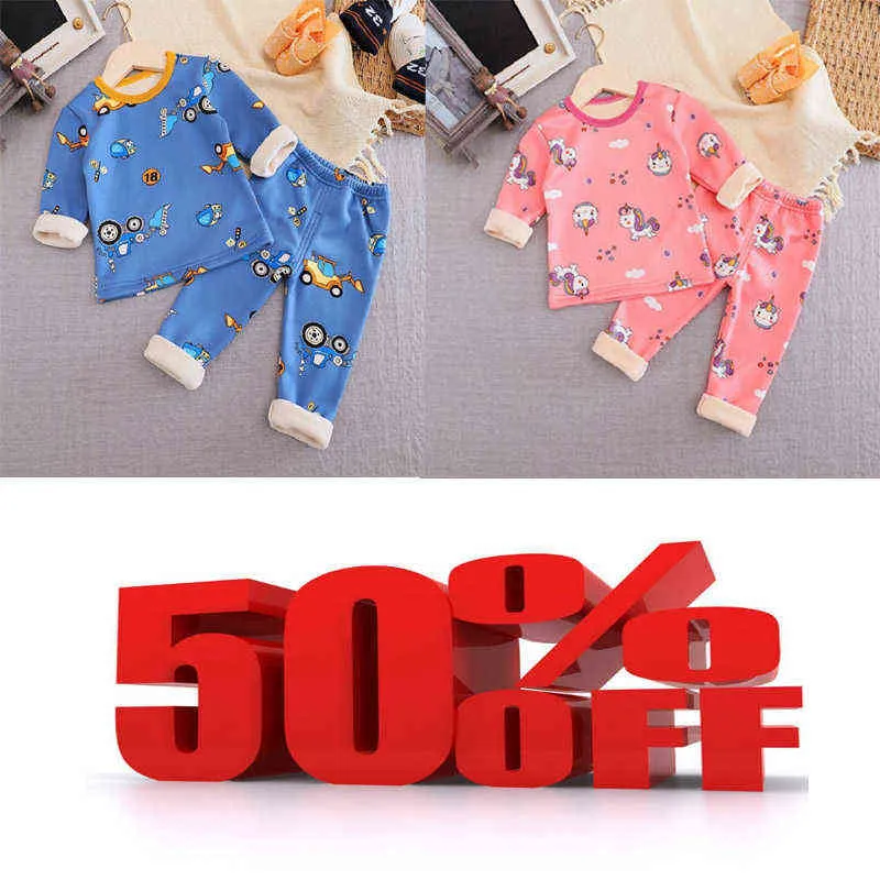 Kids Pajamas Sets Baby Boys Girls Velvet Warm Long Sleeved Tshirt+Pant Cartoon Clothing Autumn Sleepwear Suit Pyjama suit