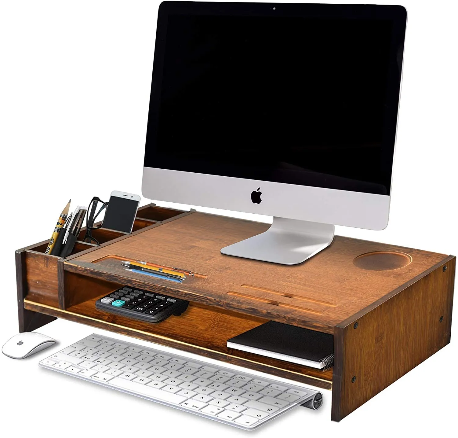 Support d'écran en bambou à 2 niveaux, rehausseur d'écran d'ordinateur en bois, organisateurs de bureau en bois avec étagère d'accessoires de rangement réglable pour iMac, ordinateur portable, imprimante Marron