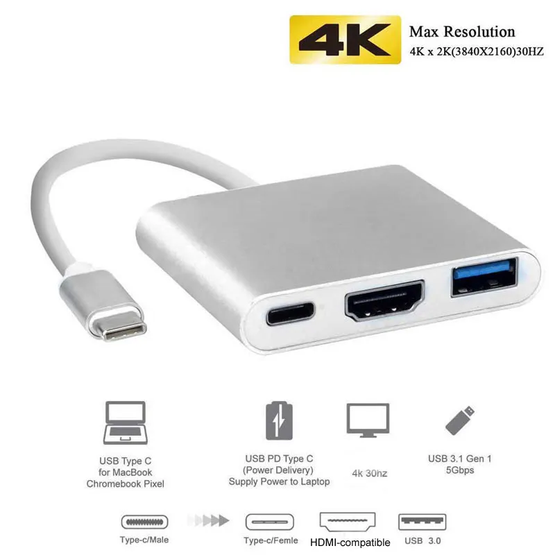 Adaptador USB Hub Tipo C para USB3.0 Tipo-C HDTV PD CARGING Adaptador Adaptador de Alumínio