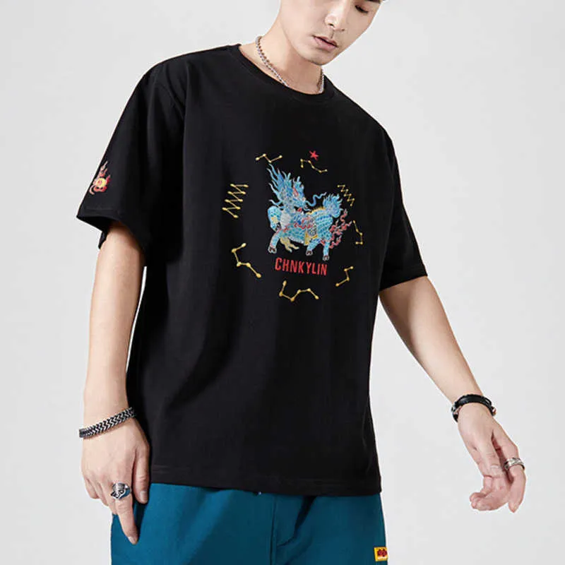 Chinese Kylin Embroidery Men's O Neck Short Sleeve T-shirt Male 100% Cotton Top Tee 210527