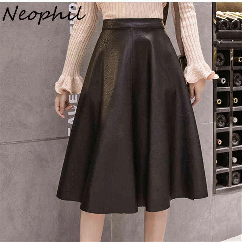 Neophil Winter Women Pu Faux Leather Midi Black Skirt High Waist Vintage Warm Thick Flare Skater Skirt XXL Femme Jupe S9110 211120