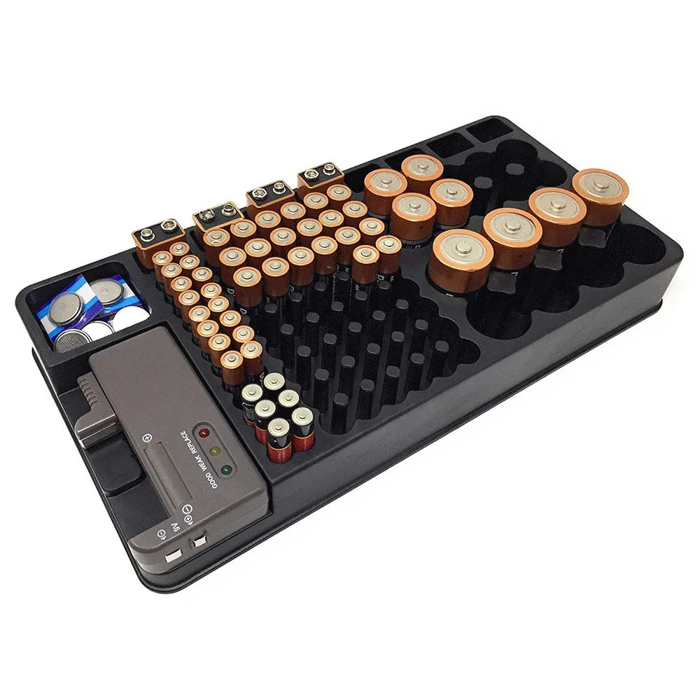 Der Batteriespeicher-Organizer-Gehäuse und das Batterietester, hält 110 Batterien verschiedene Größen für AAA-, AA-, 9V-, C-, D- und Knopfbatterie