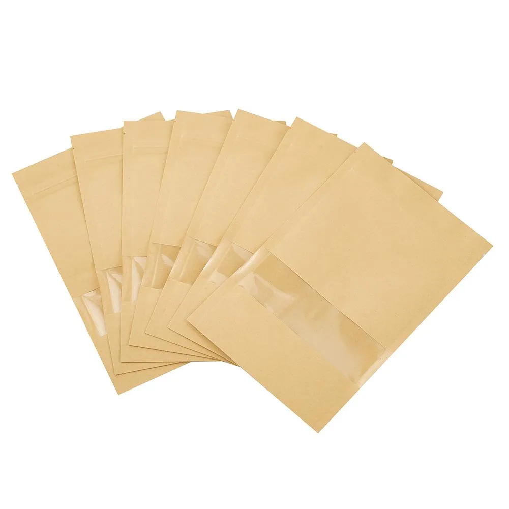 14 * 20cm Sacchetto di carta Kraft Stand Up Regalo Alimenti secchi Frutta Tè Sacchetti per imballaggio Kraft Paper Window Bag Vendita al dettaglio Cerniera autosigillante