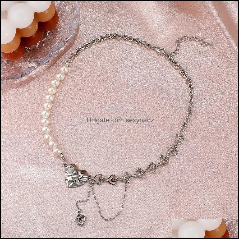 S2646 Fashion Jewelry Metal Splicing Faux Pearls Love Clavicle Chain Necklace Irregular Hollow Heart Dangle Tassel Choker Necklaces