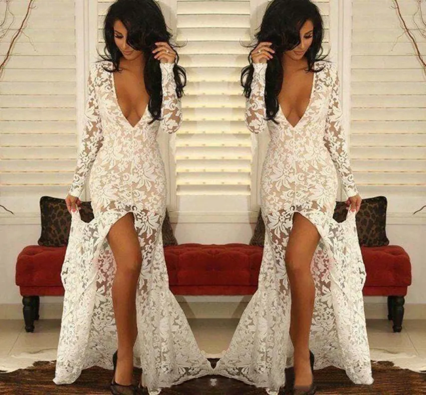 2021 White Lace Deep V Neck Prom Dresses Long Sleeve Front Split Evening Gowns See Through Mermaid Women Formal Party Dresses