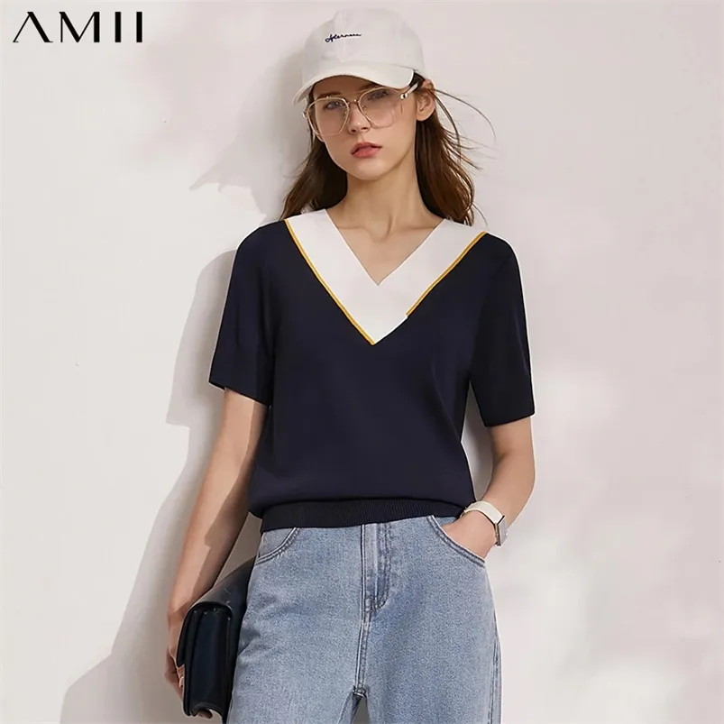 Amii minimalisme printemps été femmes t-shirt mode Patchwork col en v à manches courtes femme tricoté pull haut pour femme 12140271 210722