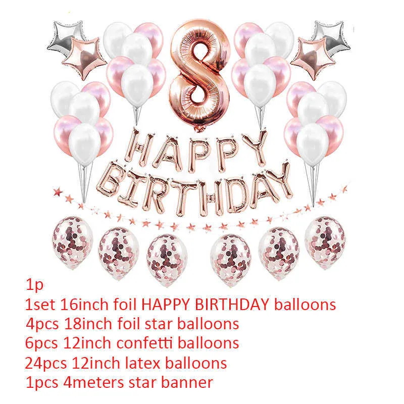 Rose Gold 8th Birthday Decorations Kit - Number 8 Balloon, Banner & Confetti Balloons For Girls Party