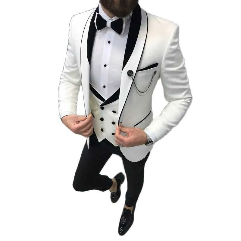 Branco e preto Grom smoking para casamento magro apto branco e preto homens formais ternos com calças de colete de peito duplo moda x0909