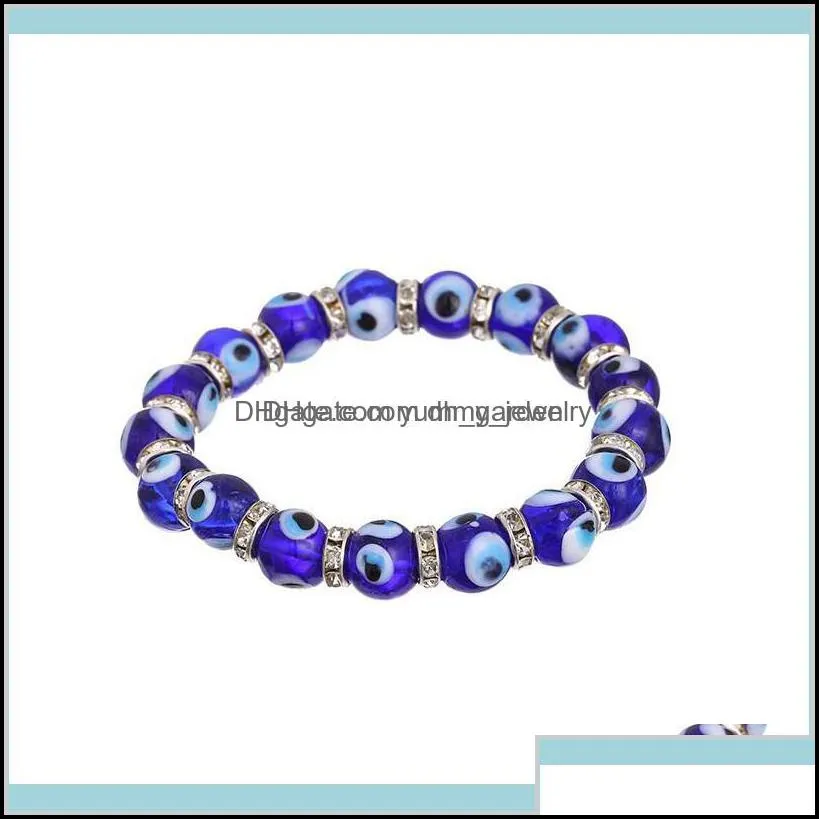 Beaded Strands Bracelets Fashion Men Women Blue Color Round Shape Evil Eye Beads Lampwork Glazed Glass Bead Energy Yoga Crystal Bracel