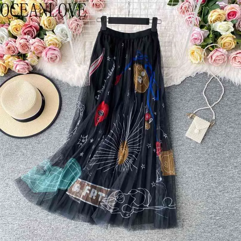 Oceanlove High Waist Spódnice Kobiety Drukuj Siatki A-Line Wszystkie Dopasowanie Mujer Faldas Koreański Vintage Moda Długa Spódnica Odzież 17449 210629