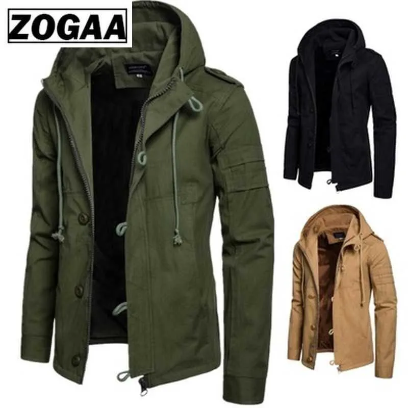 Zogaa бренд мужской куртку широко талированное пальто повседневная хлопчатобумажная ветровка с капюшоном куртки с капюшоном пальто наготовки мужская одежда армия зеленый военный 211013