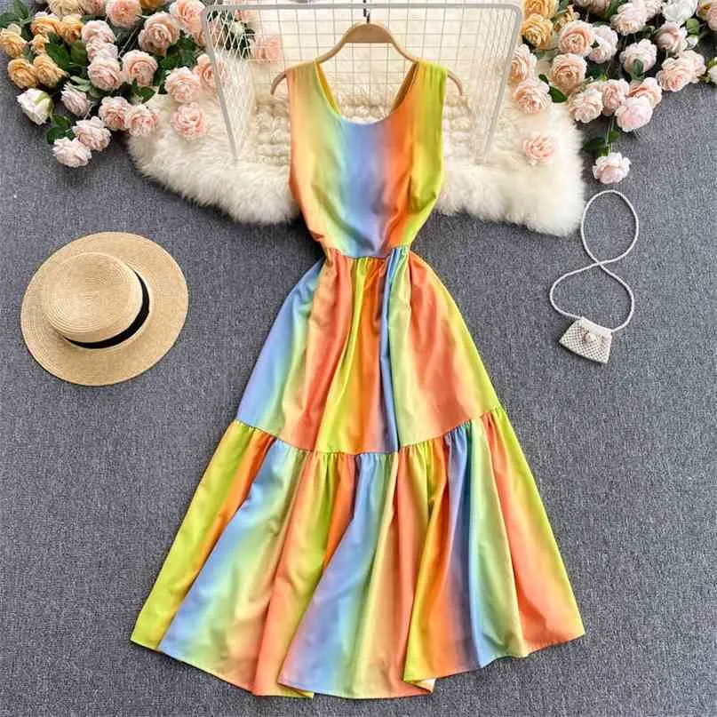 Wakacje Damska Moda Lato Gradient Rainbow Barwiona Hollow Backlesless Bez Rękawów Koreański Sukienka Odzież Vestidos S486 210527