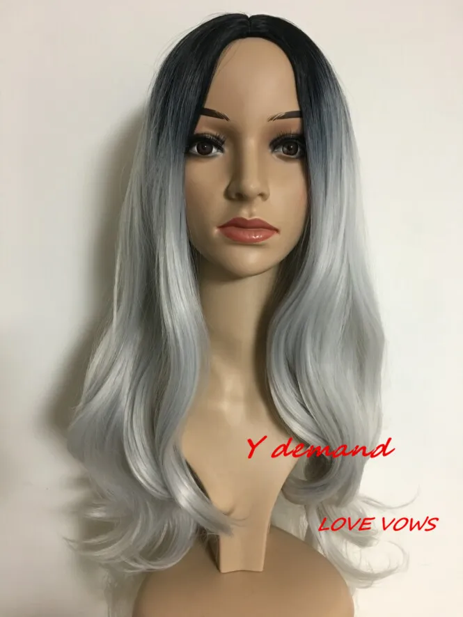 26inch Female Fashion Long Ombre Silver Grey Wavy Wigs Synthetic Wig African American Heat Resistant Synthetic Hair Wigs Afro Perucafactory