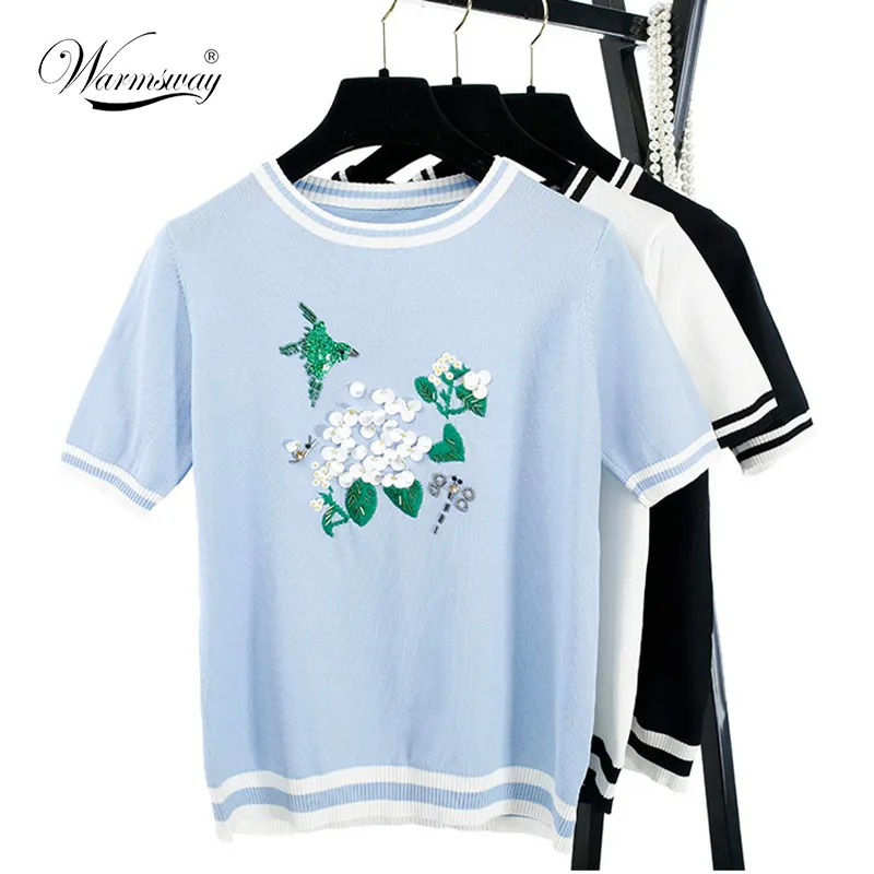 Europe Fashion Summer Floral Sequin Embroidery Knitted T shirt Women short sleeve Tops Ribbed Tee Striped Pullovers B-017