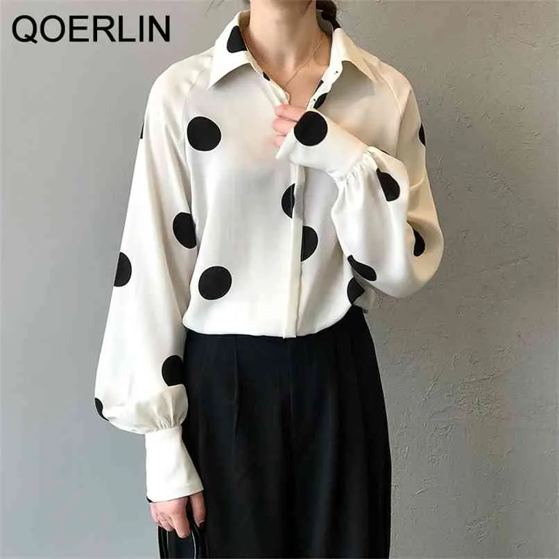 Haute Qualité Français Rétro Polka Dot Chemise En Mousseline De Soie Femme À Manches Longues Lâche Coréen Boutons Cachés Tops Femmes 210601