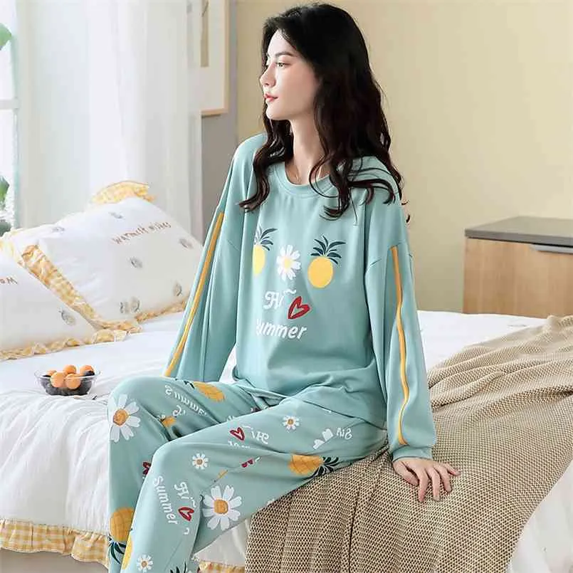 Autumn Winter Cotton Cartoon Pajamas Set Women Pyjamas Homewear Long sleeve Sleepwear Plus size Home Clothes Night suit Female 210809
