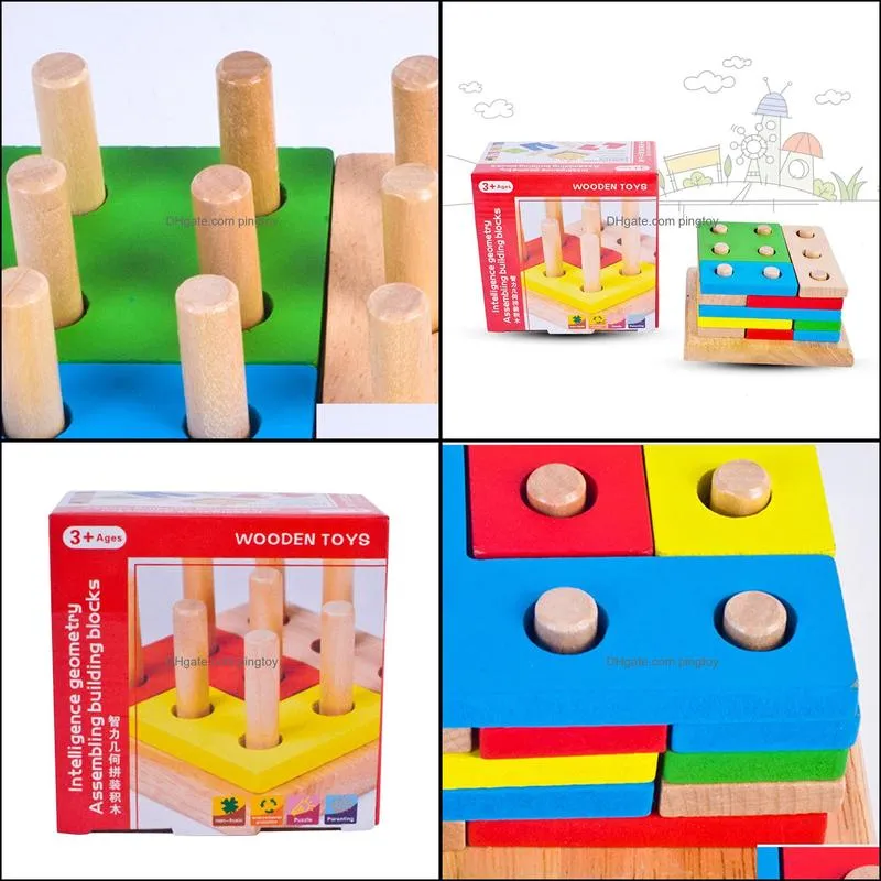 Wooden Column Shapes Stacking Toys Baby Preschool Educational Geometric Sorting Board Blocks Montessori Building Blocks
