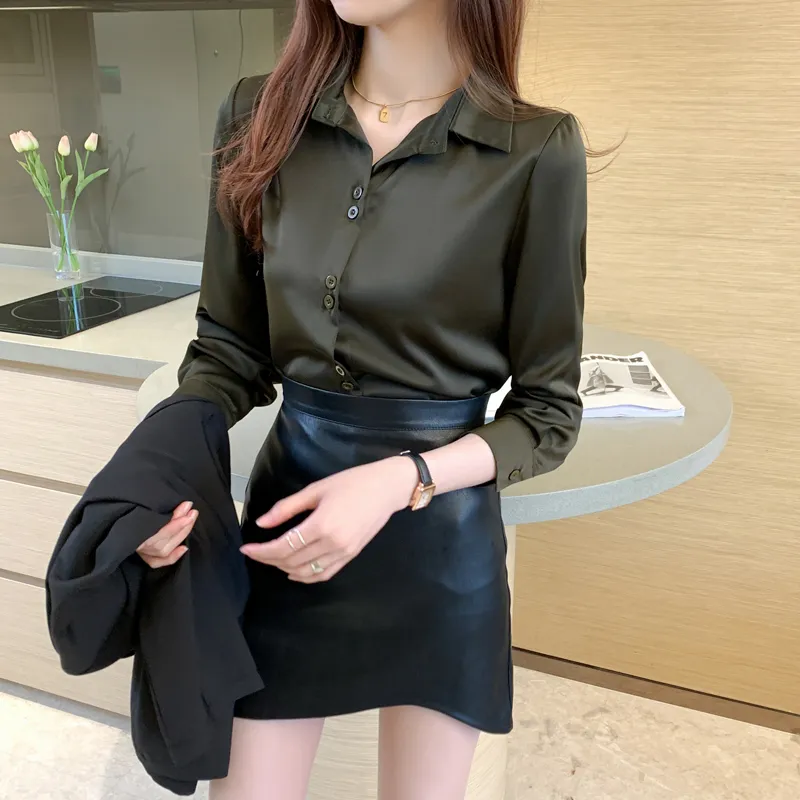 Womens Silk Shirts V Neck Long Sleeve Dressy Formal Going out Tops for  Women Solid Color Blouse Shirt 