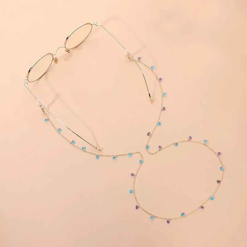 Elegante ciondolo a forma di cuore trasparente, occhiali da sole, catena, perline, cordino, porta occhiali da vista in metallo anti-smarrimento