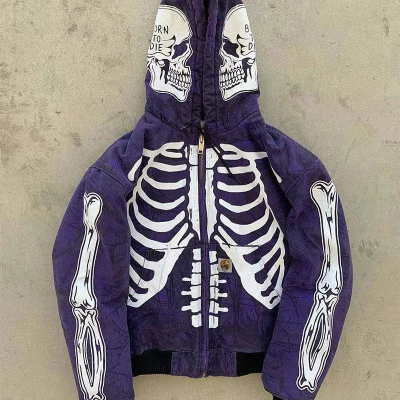 Men Streetwear High Street Skull Skeleton Print Hoodie Jackets Oversized Casual Sweatshirt Fashion Vintage Coats Autumn S-4XL