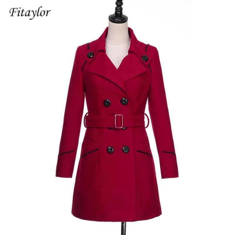 Fitaylor Plus Size Donna Misto lana Trench coat medio lungo caldo Primavera inverno Donna Slim doppio petto Cintura soprabito di lana 210930