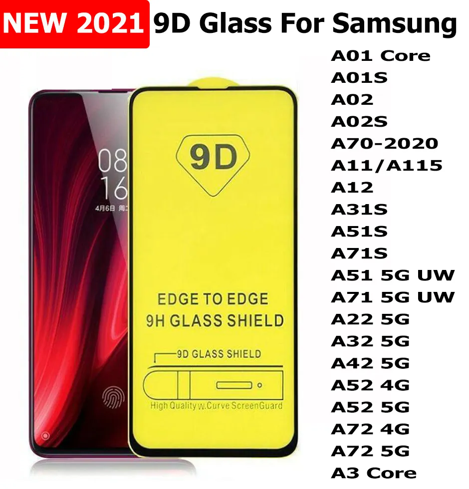 9D Full Cover Tempered Glass Screen Protector for A31S A51S A71S A22 A32 A42 A52 A72 5G A3 CORE Samsung A01 Core A01S A02 A02S A70 2020 A11