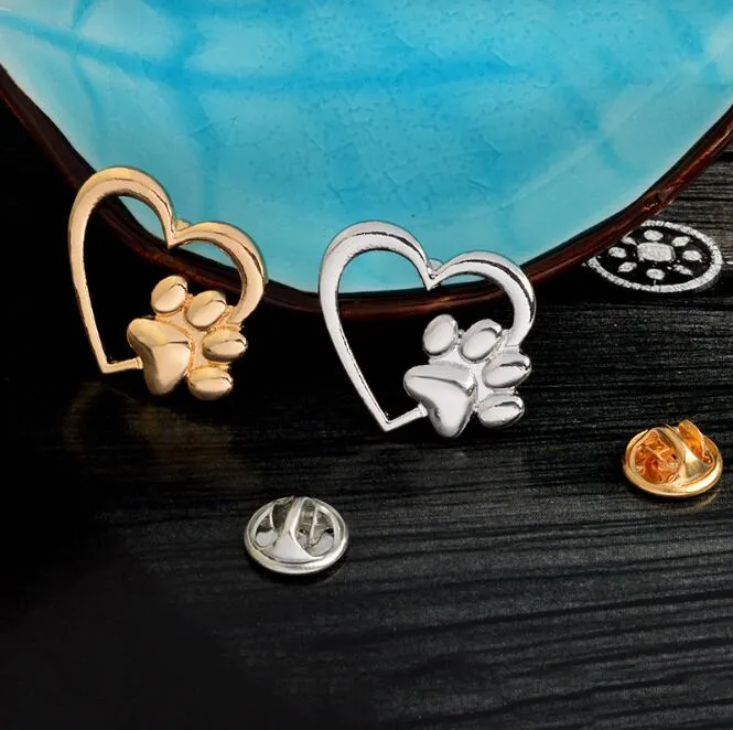 Silver Gold Color Love Heart Paw Lapel Pin Pet Paw Print Pet Loss and Pet Memorial Pins Smycken Dog Cat Lover Gifts GC77