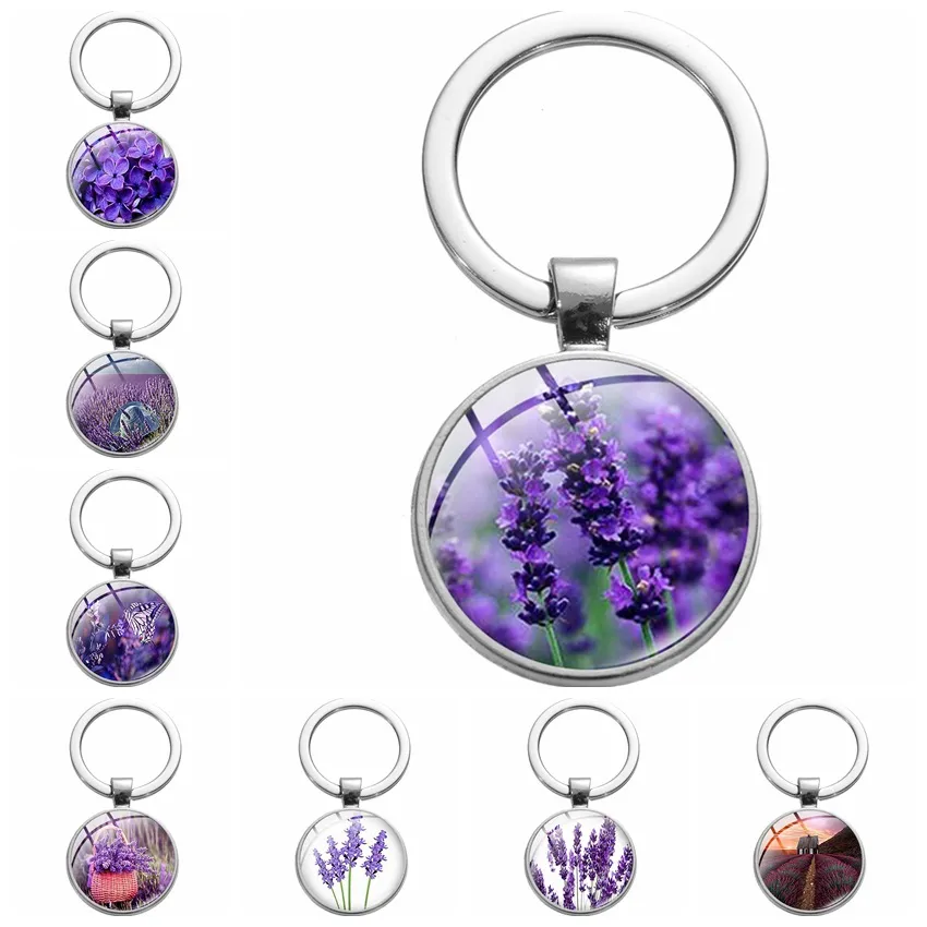 lavender Glass Cabochon key rings Metal Picture keychain handbag hangs for women children fashion jewelry will and sandy