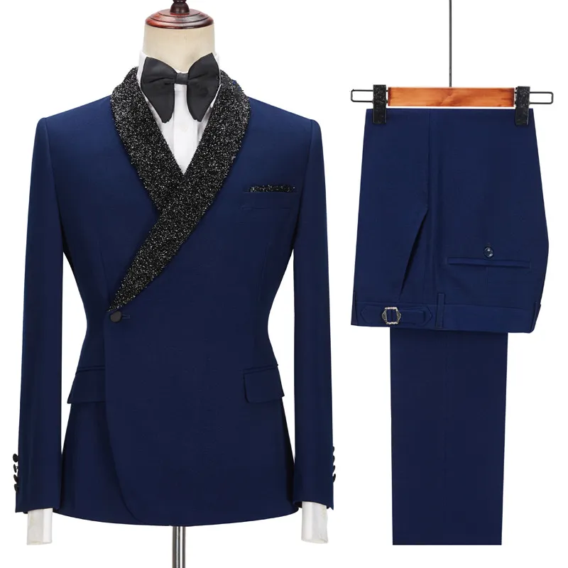 2 Piece Royal Men Suits Sequins Lapel Formal Wedding Tuxedo One Button Pant Suit Male Fashion Costume1986